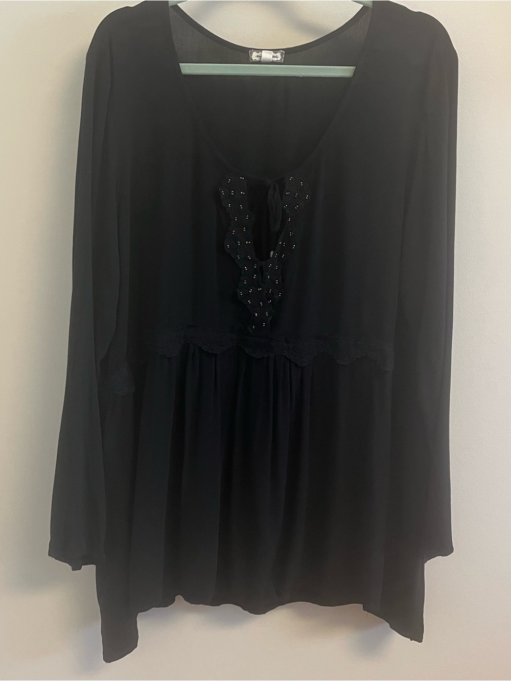 Womens Whimsigoth Flowy Black Lace Beaded Boho Long Sleeve Blouse Plus 2X